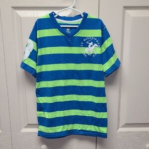 Beverly Hills Polo Club Blue and Green Striped V Neck Kids Shirt S
